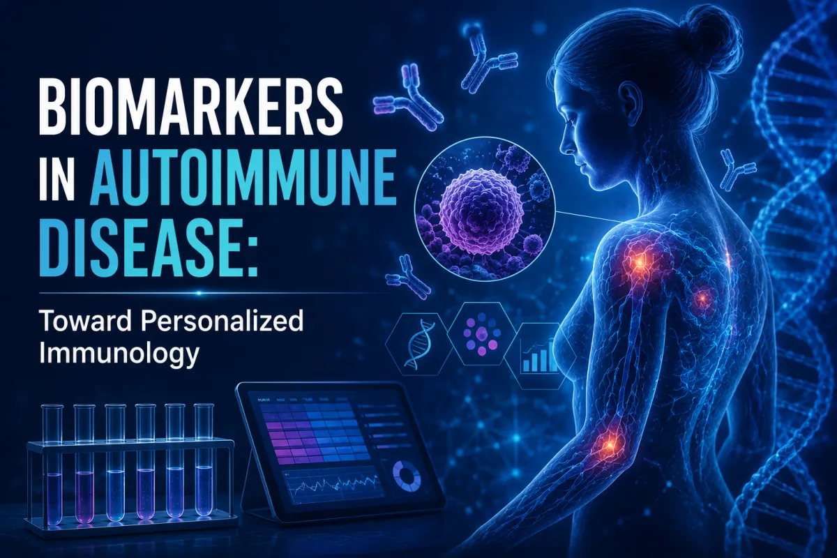 Cover image for 'Biomarkers in Autoimmune Disease: Toward Personalized Immunology' featuring a digital human figure with highlighted inflammatory sites, antibodies, DNA helix, immune cells, and laboratory testing elements representing precision immunology and personalized autoimmune disease management.