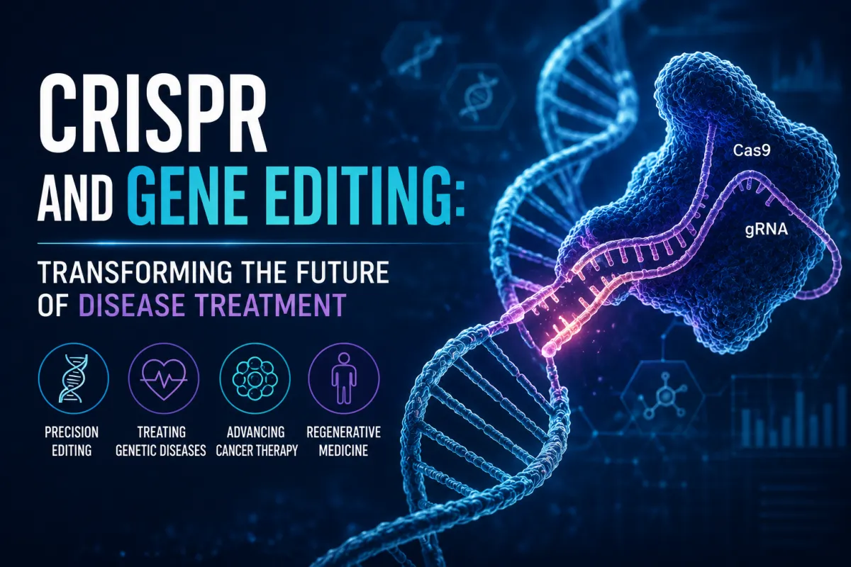 Cover image for 'CRISPR and Gene Editing: Transforming the Future of Disease Treatment' featuring a DNA double helix, CRISPR-Cas9 gene-editing complex, guide RNA, and futuristic molecular graphics representing precision genome editing, genetic disease therapy, cancer research, and regenerative medicine.