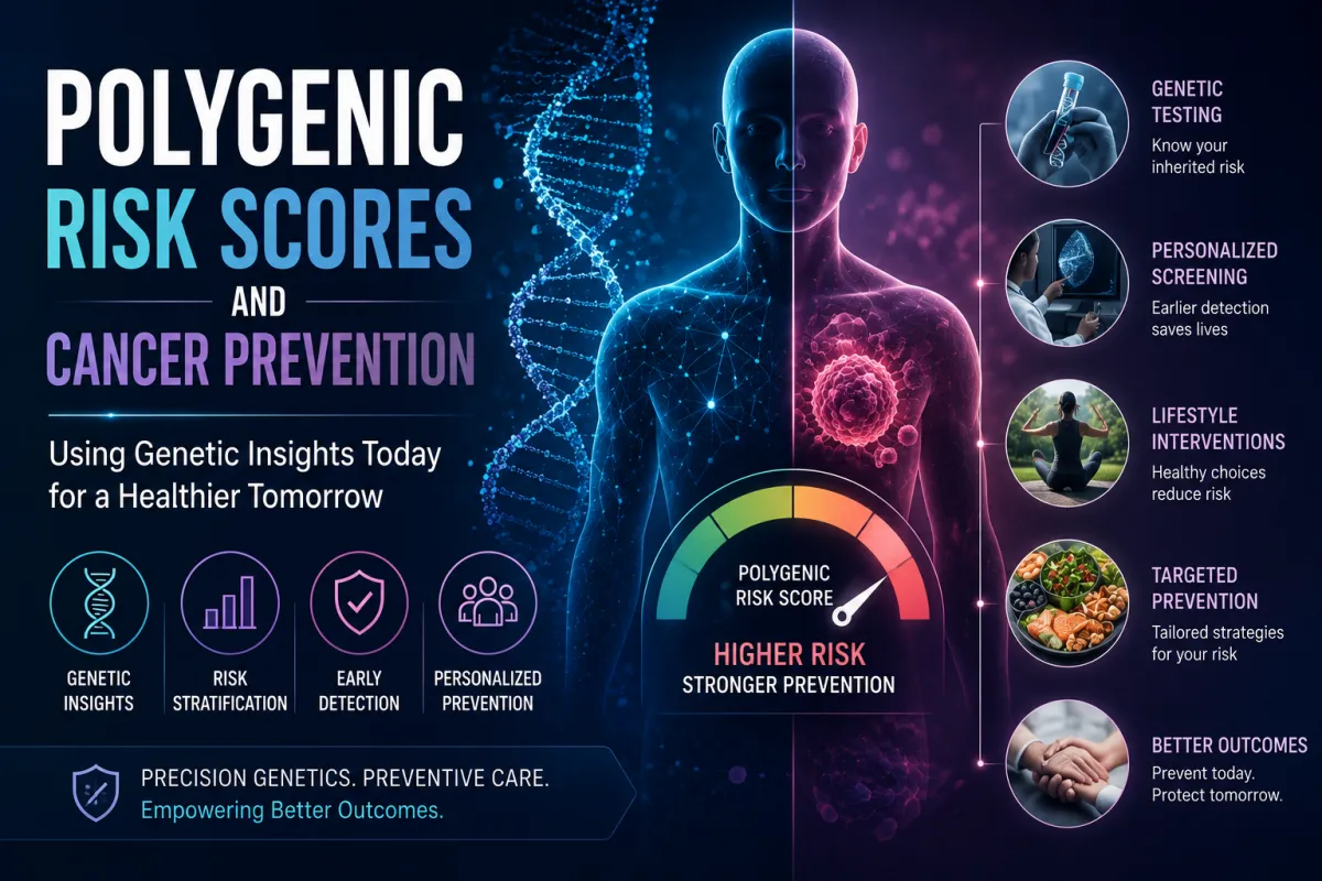 Cover image for 'Polygenic Risk Scores and Cancer Prevention' featuring a DNA double helix, digital human silhouette, cancer cells, a genetic risk gauge, and icons representing genetic testing, personalized screening, lifestyle interventions, and targeted prevention, illustrating how precision medicine uses polygenic risk scores to guide personalized cancer prevention.