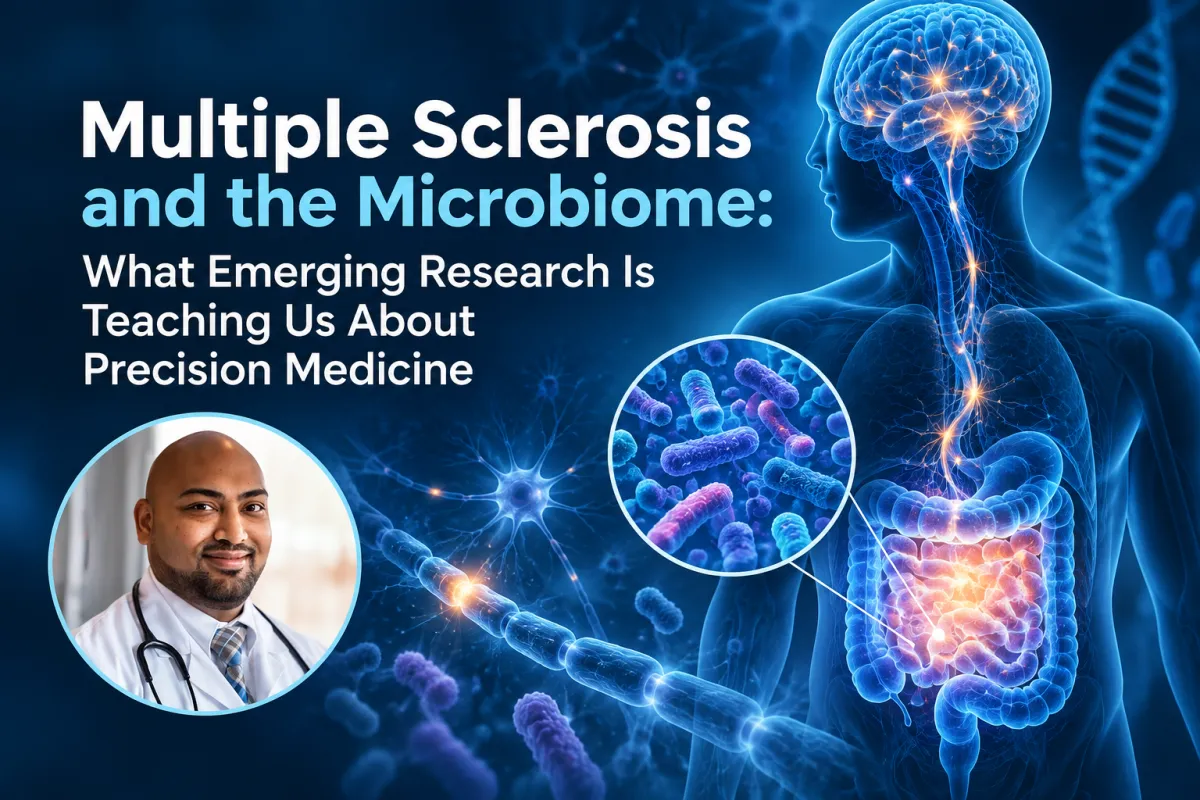 Dr. Anil Bajnath featured alongside a medical visualization of the brain, nervous system, gut microbiome, and DNA, illustrating emerging research on multiple sclerosis and precision medicine.
