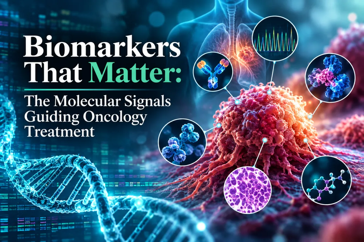 Cover image for “Biomarkers That Matter,” illustrating DNA, tumor cells, molecular biomarkers, genomic sequencing, and targeted oncology treatment in precision cancer care.