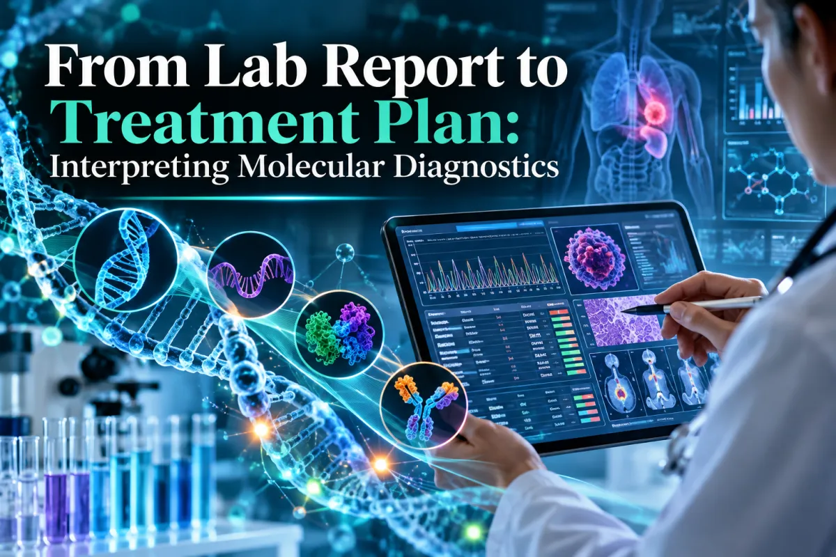 Cover image for “From Lab Report to Treatment Plan,” showing a clinician interpreting molecular diagnostic data alongside DNA sequencing, biomarkers, and precision medicine imagery.