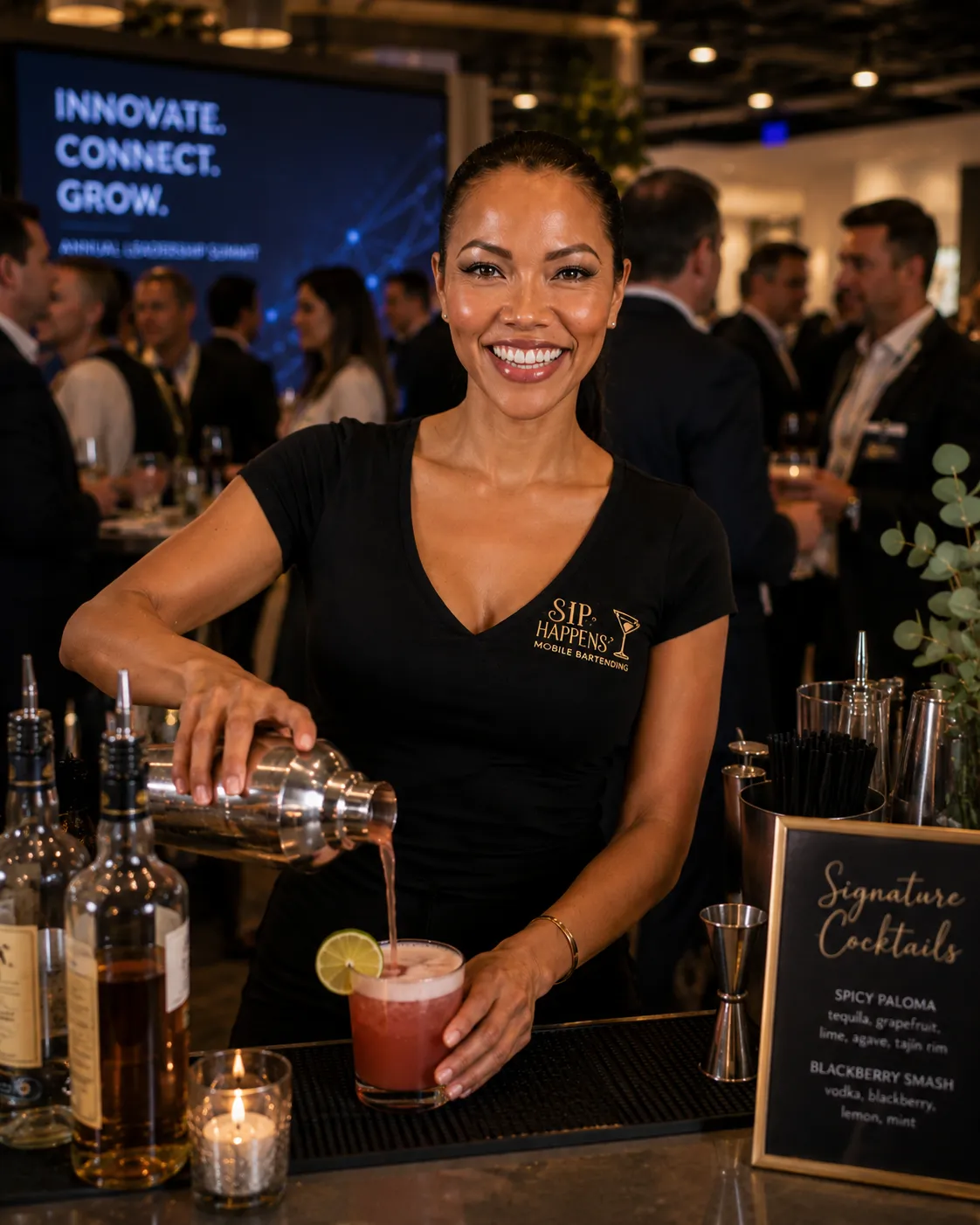 Professional bartender serving drinks at a polished corporate gathering