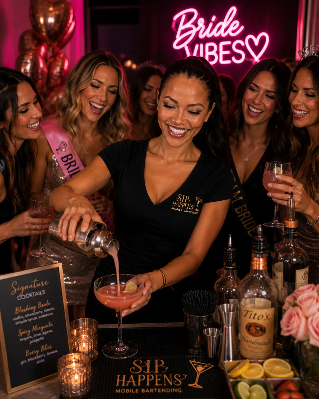 Excited guests holding custom cocktails at a bachelorette party