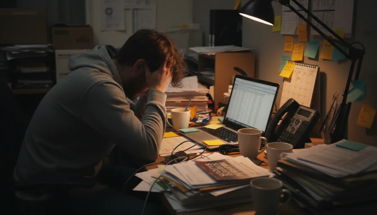 Overwhelmed Business Owner (Stressed local small business owner at a cluttered desk head in hands surrounded by papers and sticky notes)