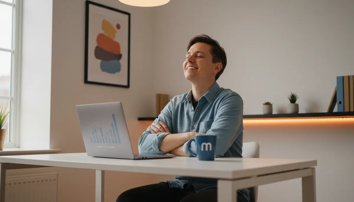 Relieved Business Owner (Confident relieved local small business owner at a clean desk smiling with a laptop)