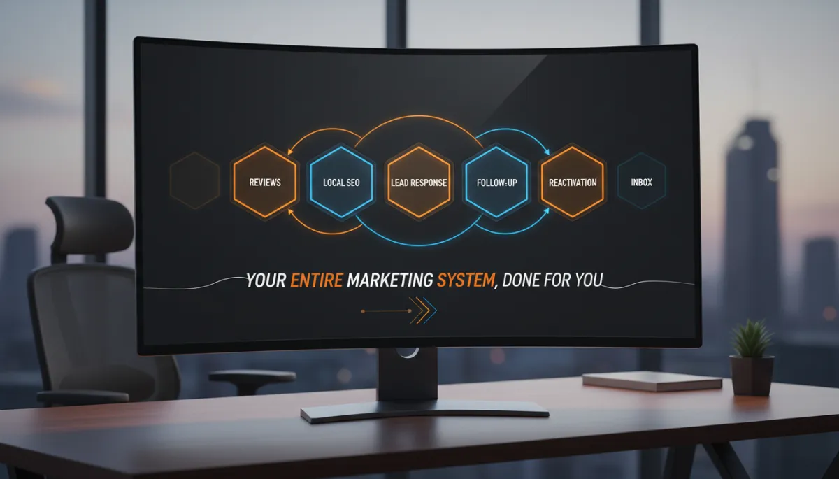 Done-For-You Marketing System (Marketing system dashboard showing 5 hexagon modules: Reviews, Local SEO, Lead Response, Follow-Up, Reactivation