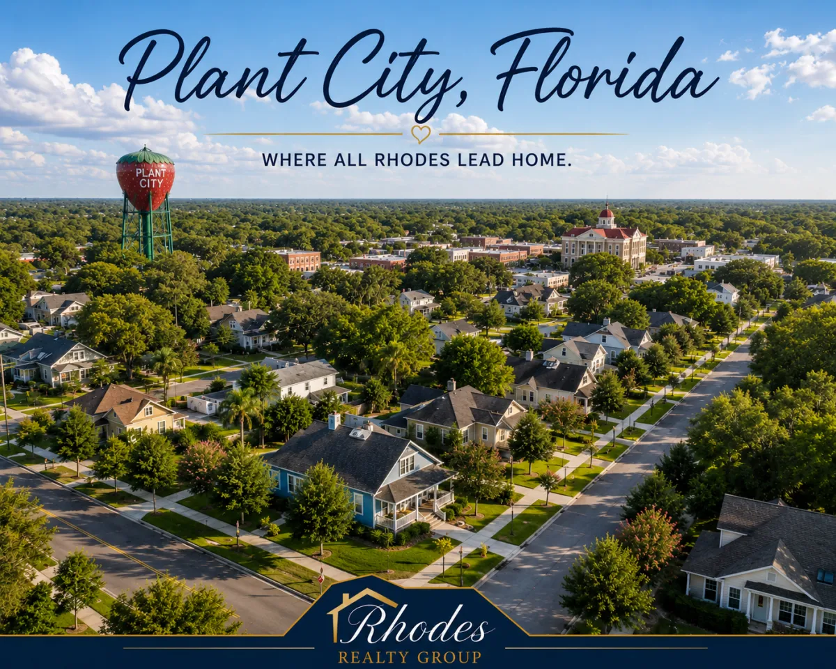 Aerial view of Plant City Florida neighborhood with tree-lined streets and family homes