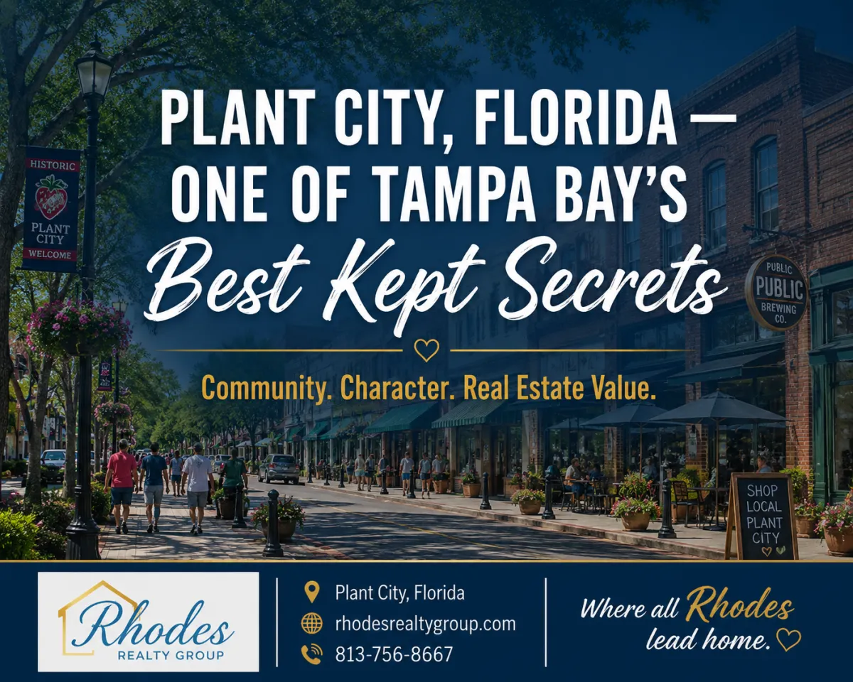 Historic downtown Plant City Florida with local shops and tree lined streets on a sunny day