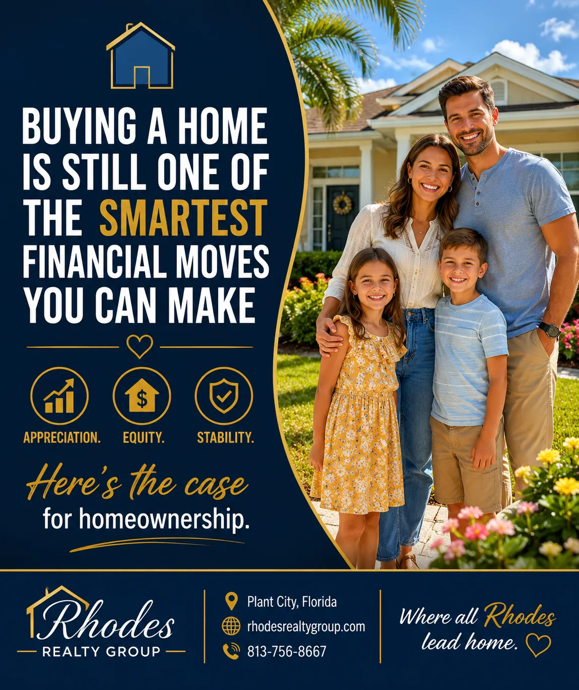 Young family standing in front of their newly purchased home in Plant City Florida smiling