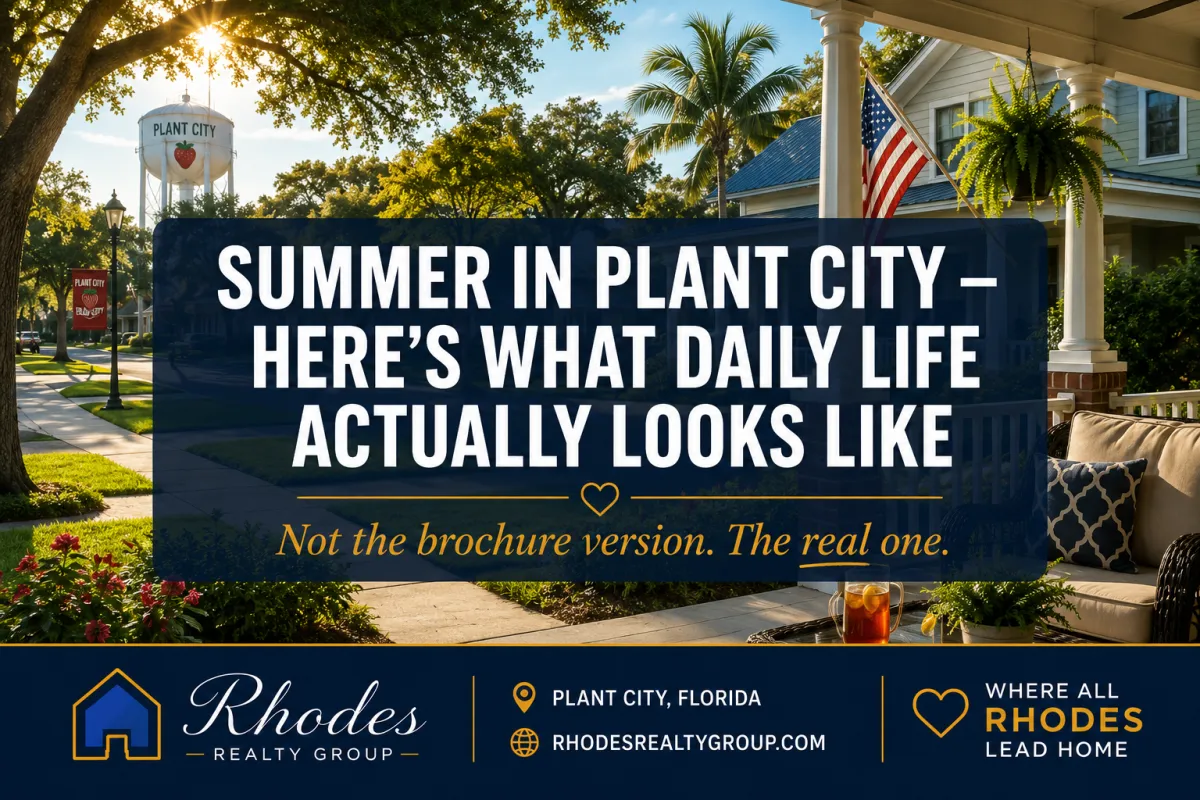 Plant City Florida summer lifestyle graphic for Rhodes Realty Group blog on year round living and community character