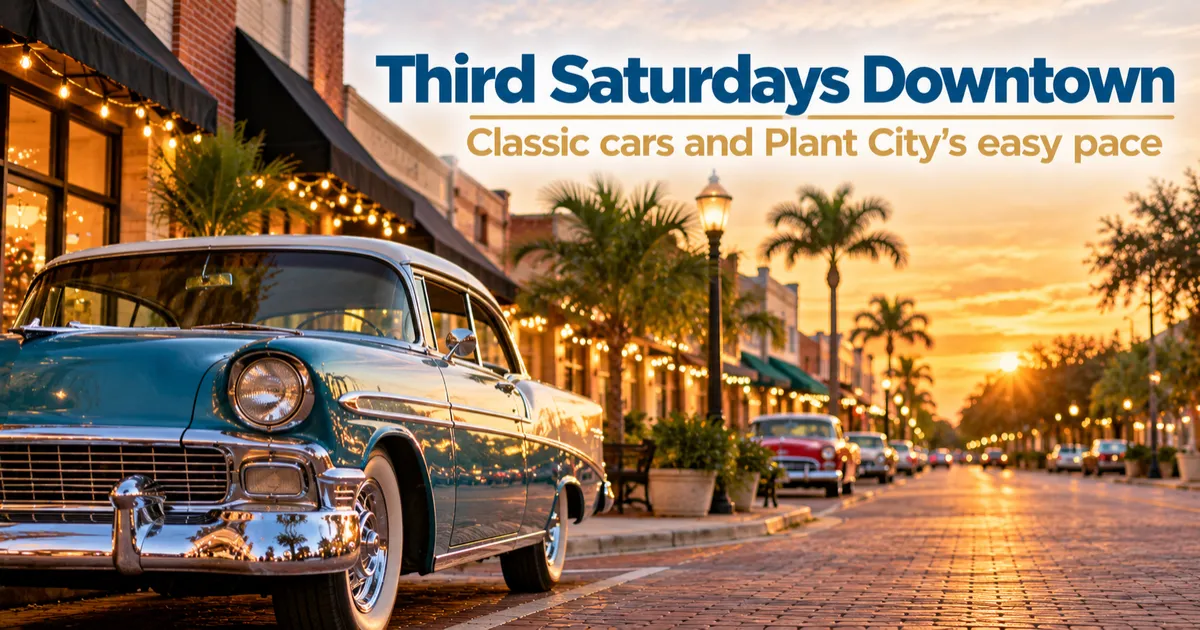 A polished vintage turquoise-and-cream car parked along a brick-paved downtown street at golden hour, with palm trees, warm storefront lights, and string lights creating a relaxed small-town atmosphere. Text reads, “Third Saturdays Downtown — Classic cars and Plant City’s easy pace.”