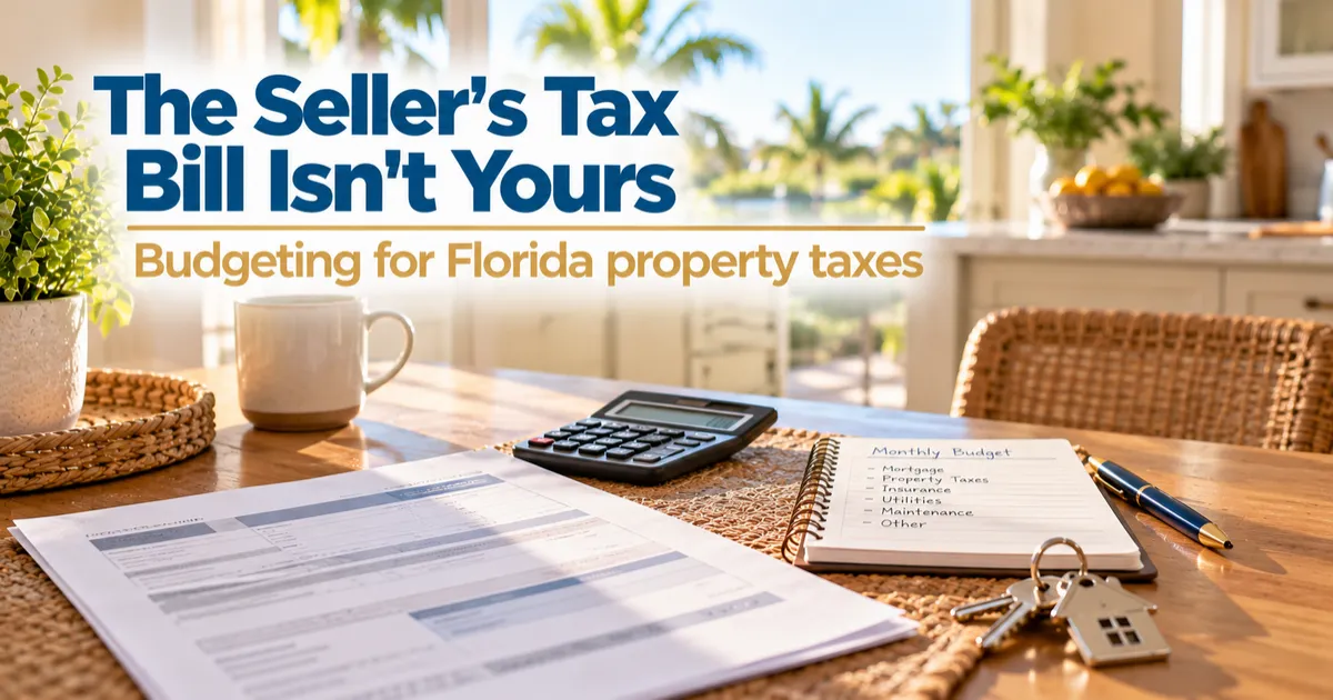 A sunlit Florida kitchen table with a property tax notice, calculator, monthly budget notebook, pen, coffee mug, and house keys, with palm trees visible through the window. Text reads, “The Seller’s Tax Bill Isn’t Yours — Budgeting for Florida property taxes.”