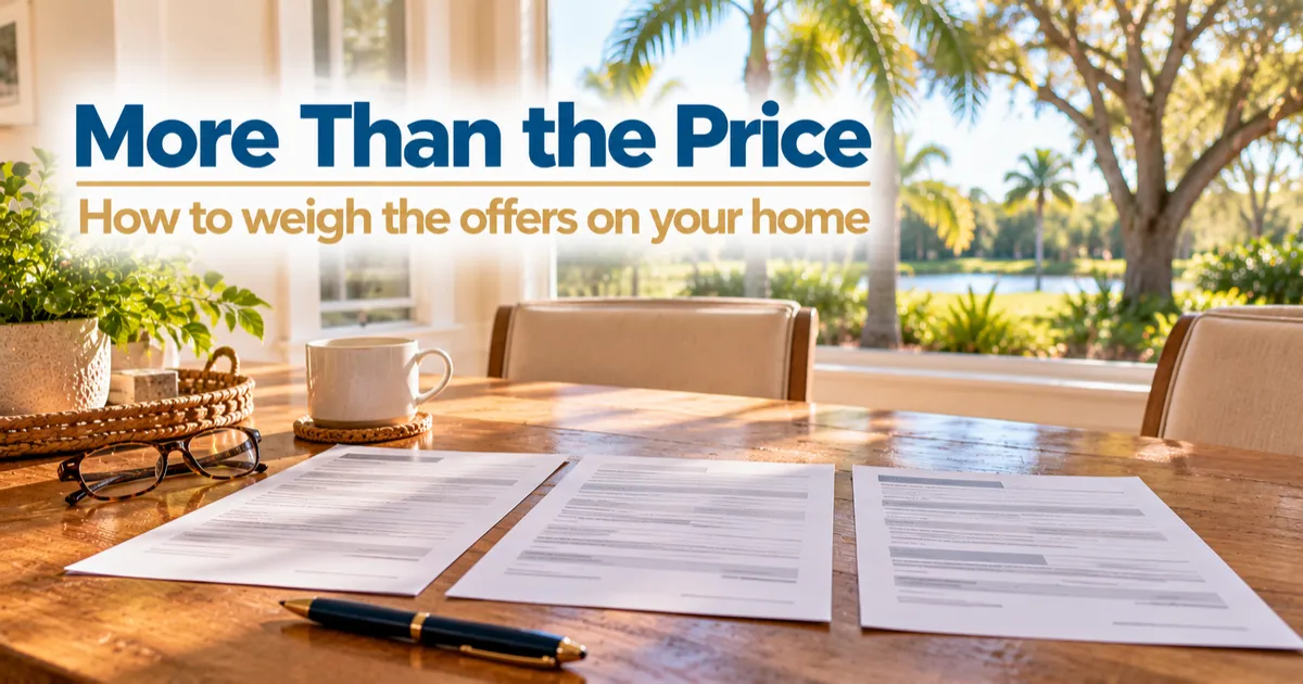 Three contract pages laid side by side on a sunlit wooden table with a pen, reading glasses, and coffee nearby, overlooking a lush Florida backyard with palm and oak trees. Text reads, “More Than the Price — How to weigh the offers on your home.”