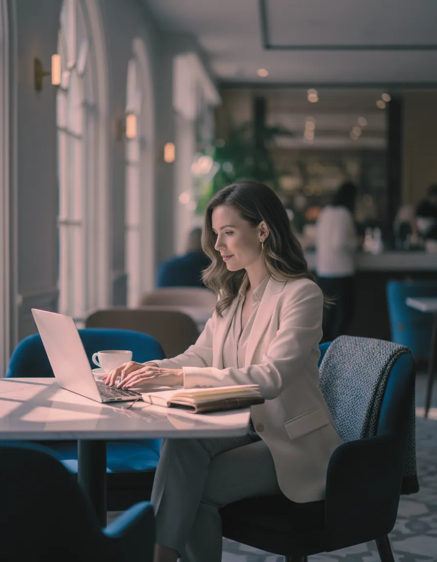 A sophisticated independent business owner enjoying time flexibility working remotely in a luxury setting