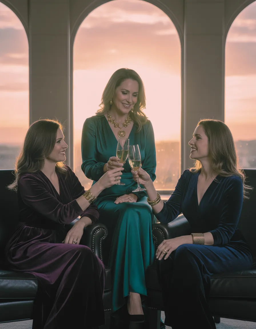 A group of successful, sophisticated female entrepreneurs networking at an exclusive event