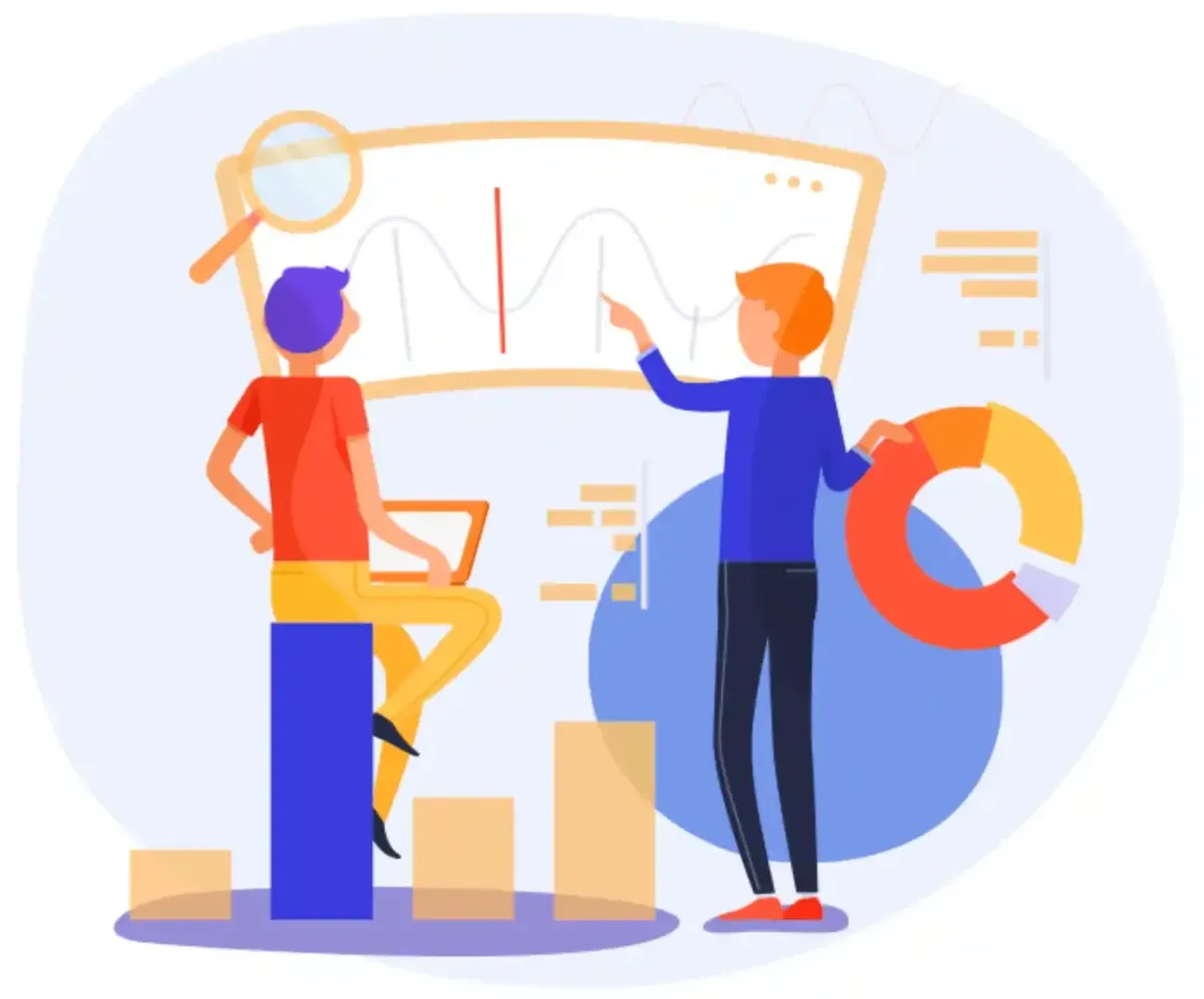 Financial strategy illustration with charts and analysts planning