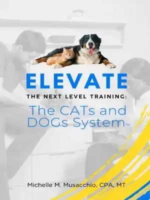Dog lying on “Elevate” training book cover with blue and yellow design