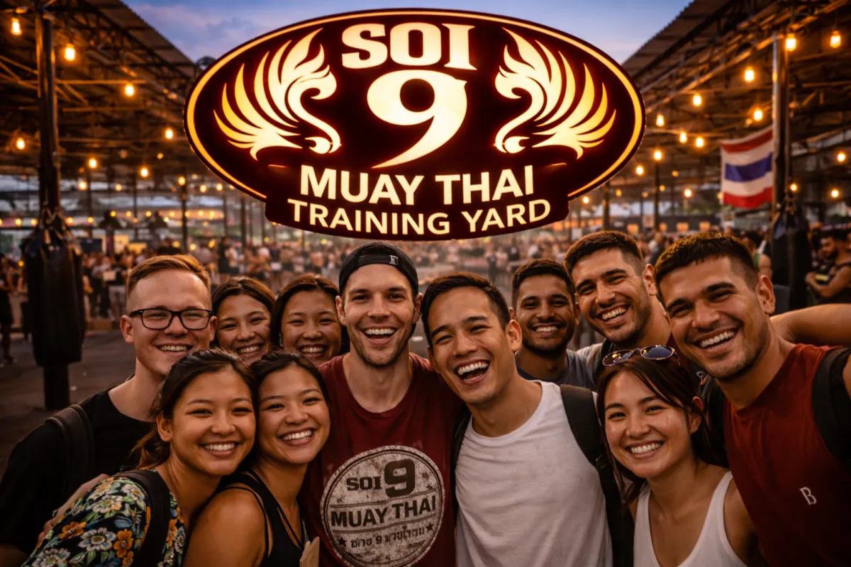 SOI 9 Muay Thai Training Yard outdoor training experience with smiling students in Thailand-style street gym