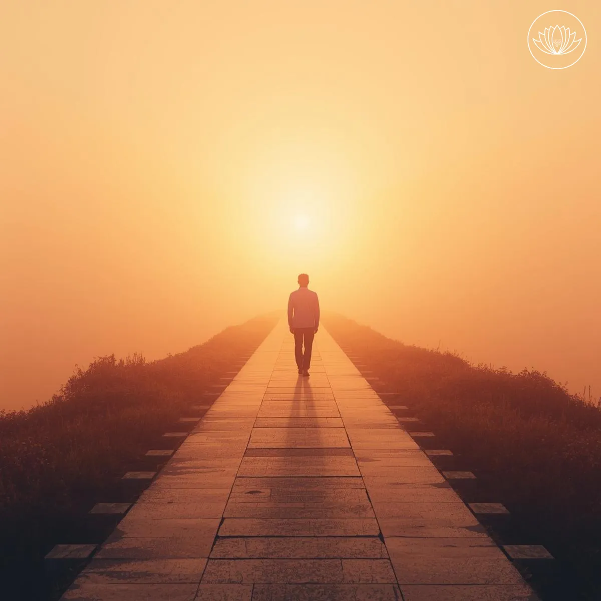 شخص يسير على ريق واضح بإتجاه النور، رمزية للوضح الداخلي والتحقيق