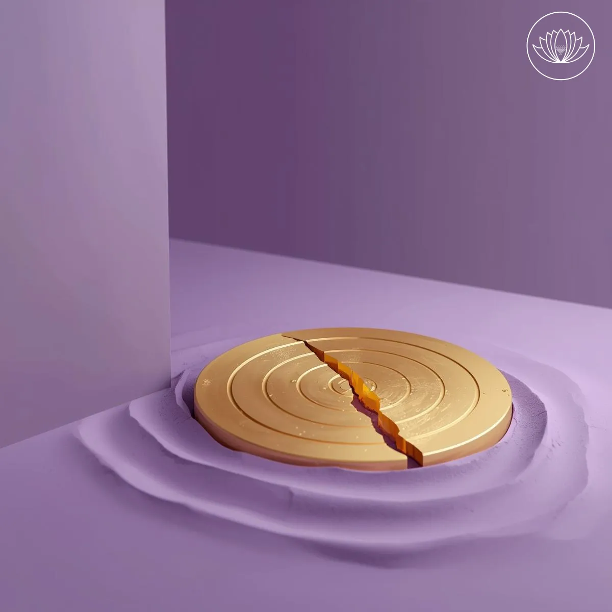 صورة رمزية لهدف ذهبي متشقق على رمال بنفسجية، يرمز للجروح الخفية تحت الطموحات