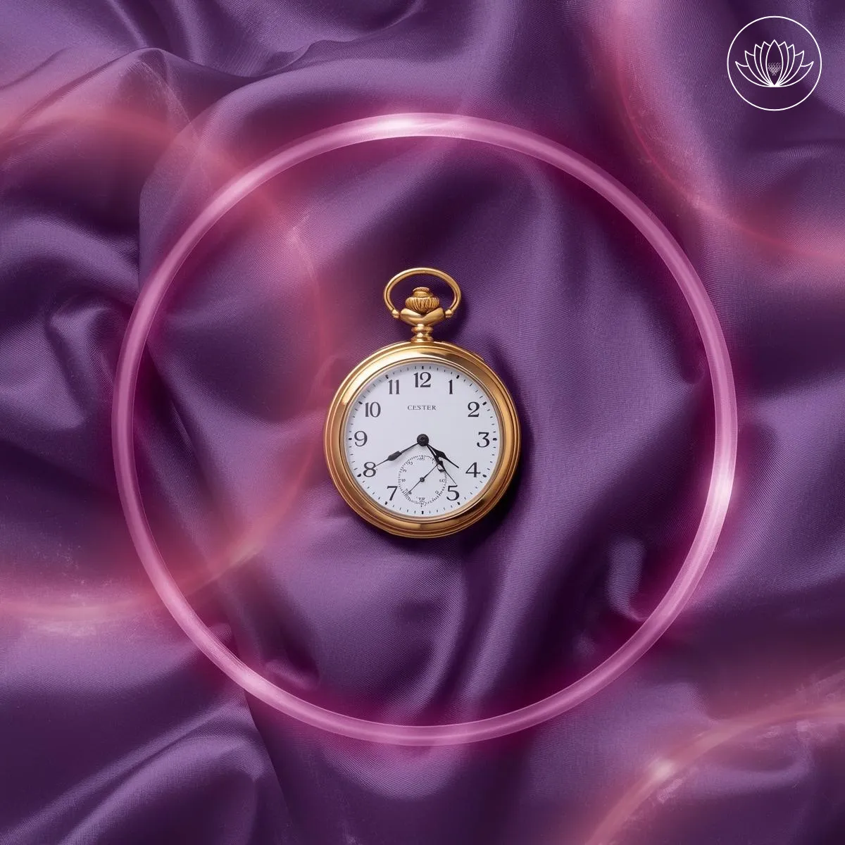 ساعة جيب ذهبية مستلقية على قماش بنفسجي ناعم، محاطة بهالات ضوئية رمزية، ترمز لاقتراب الموعد وأهمية الوقت.