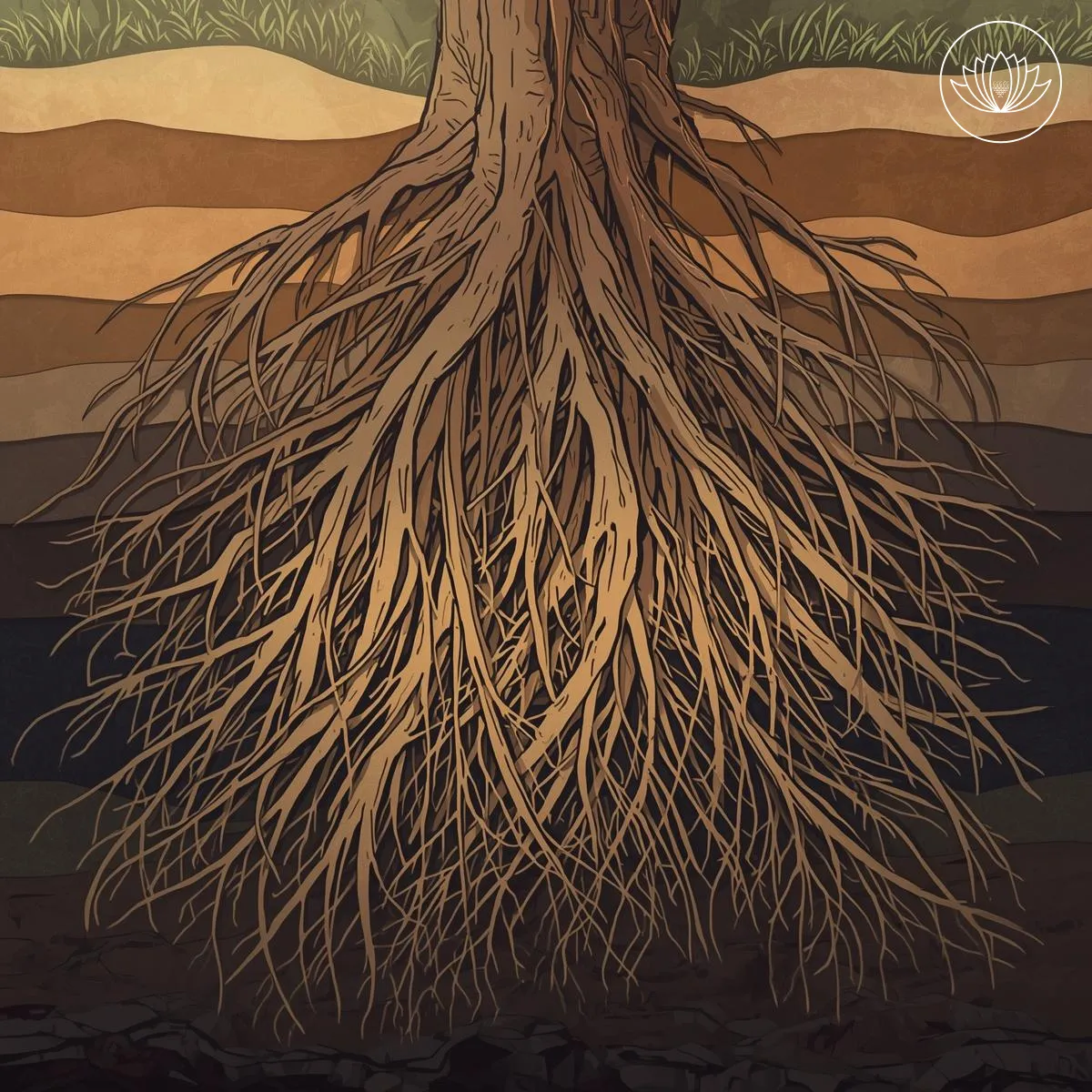 صورة رمزية لجذور ممتدة في الأرض تغطيها طبقات من التربة تعبر عن جذور ممتدة للصدات والتي لا تظهر على السطح
