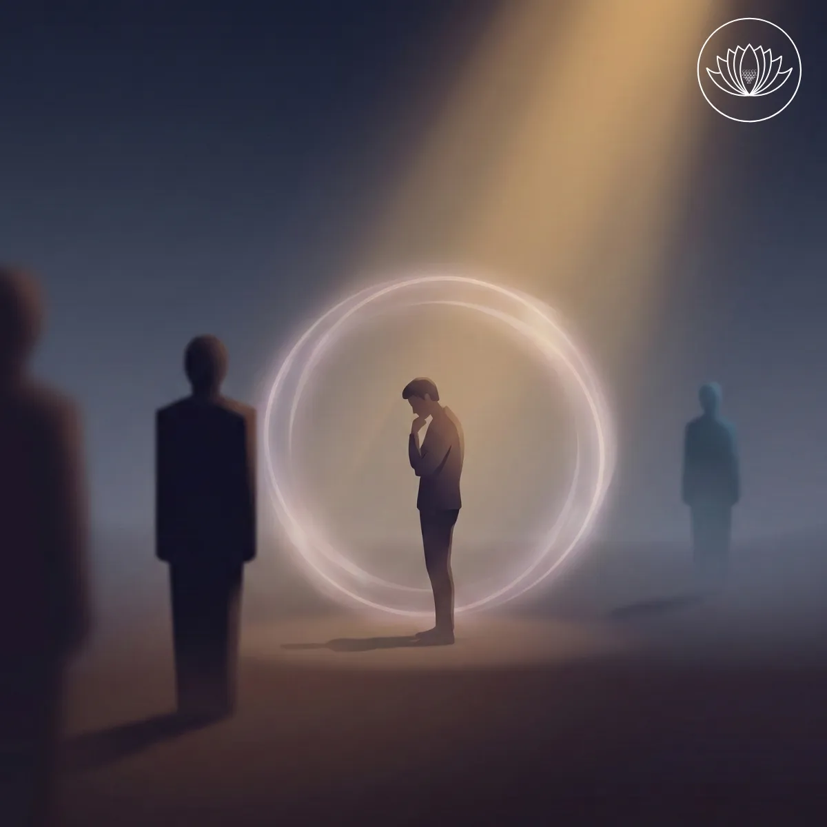 شخص يقف داخل دائرة طاقية شفافة ترمز لتكرار أنماط العلاقات، تحيط به ظلال بشرية مجردة تمثل البرود والسيطرة والغياب، مع ضوء خافت يوحي ببداية الوعي والتحرر.
