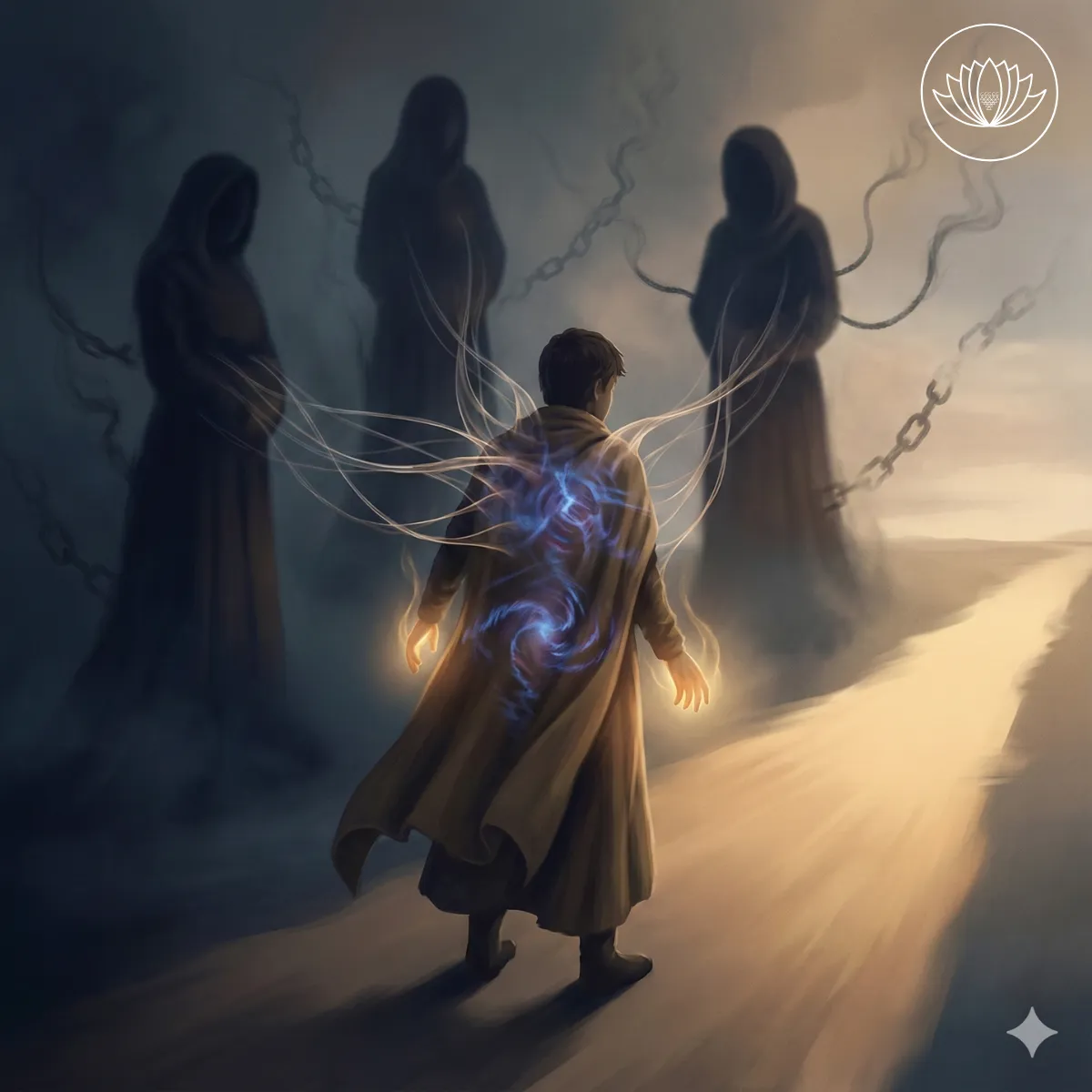 شخص في مركز المشهد متصل بخيوط طاقية خفيفة تمتد إلى ظلال أنثوية في الخلف، ترمز لجروح موروثة، مع توتر جسدي مرئي ومسار مضيء أمامه يدل على التحرر والولادة النفسية الجديدة.