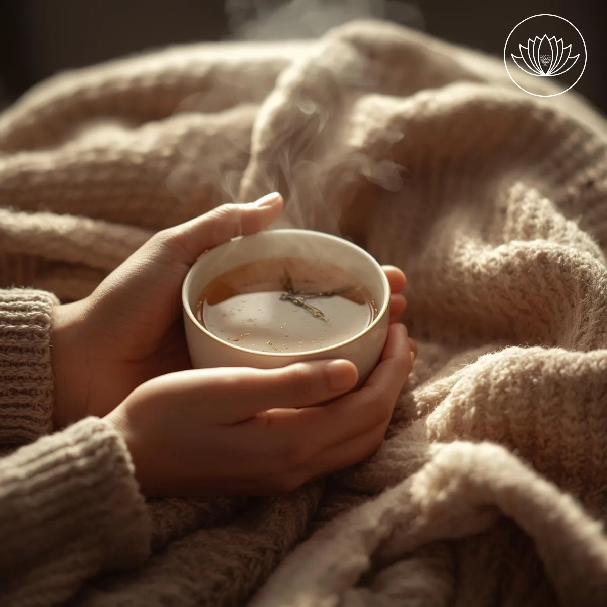 يدان تمسكان كوبًا دافئًا في أجواء هادئة تعكس الإحساس بالأمان