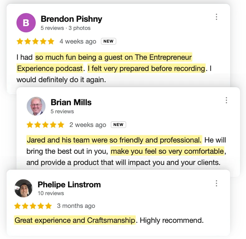 Five-star Google reviews from JT VSUALS Guest Experience clients - Brendon Pishny, Brian Mills, and Phelipe Linstrom praise the professional video podcast production in Overland Park, KS