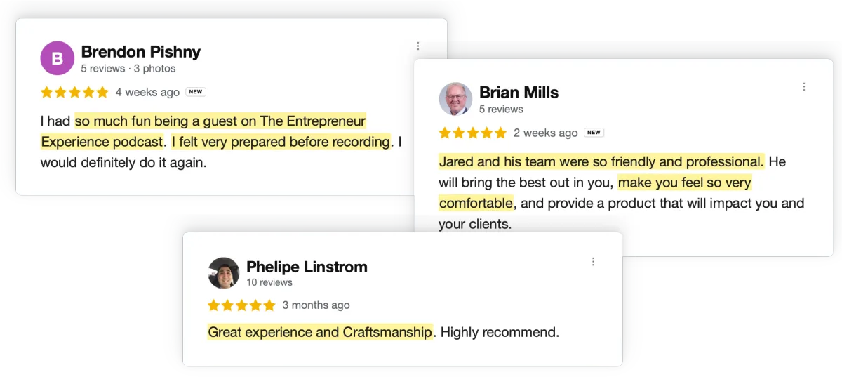 Five-star Google reviews from JT VSUALS Guest Experience clients in Overland Park, KS