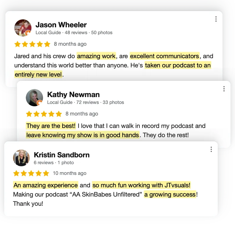 Five-star Google reviews from JT VSUALS Guest Experience clients - Brendon Pishny, Brian Mills, and Phelipe Linstrom praise the professional video podcast production in Overland Park, KS