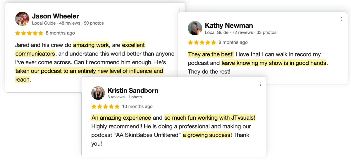 Five-star Google reviews from JT VSUALS Guest Experience clients in Overland Park, KS