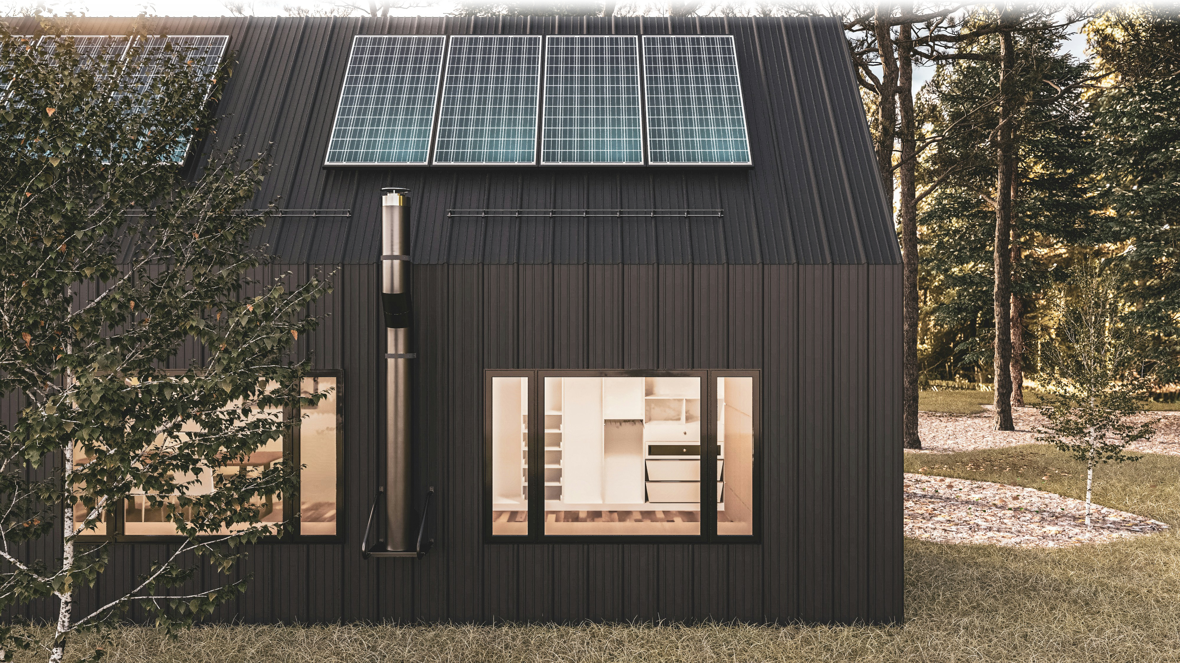 Modern residential home with rooftop solar panels