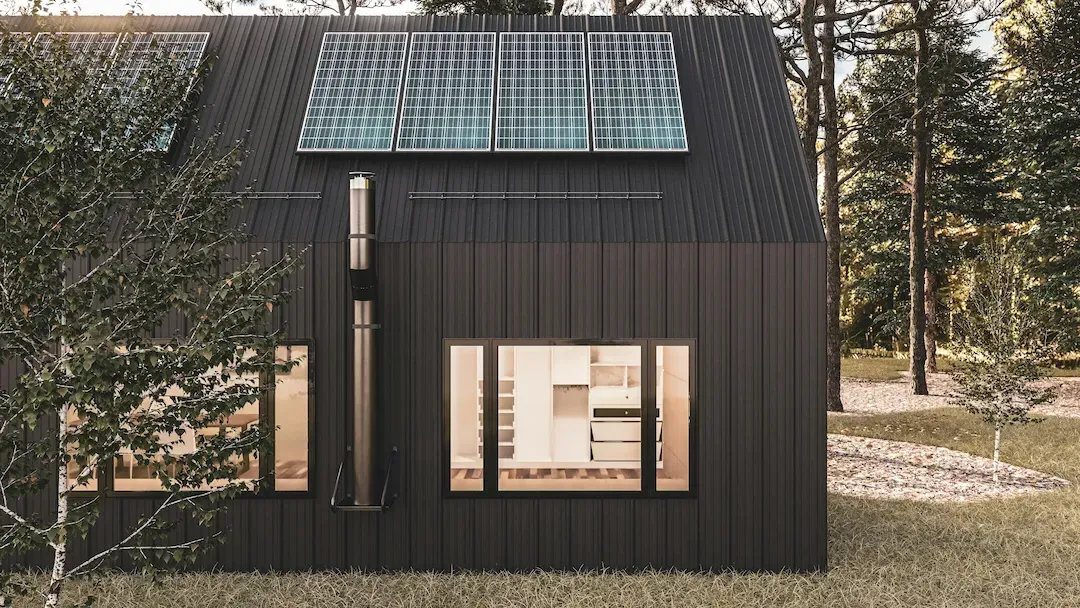 Modern residential home with rooftop solar panels