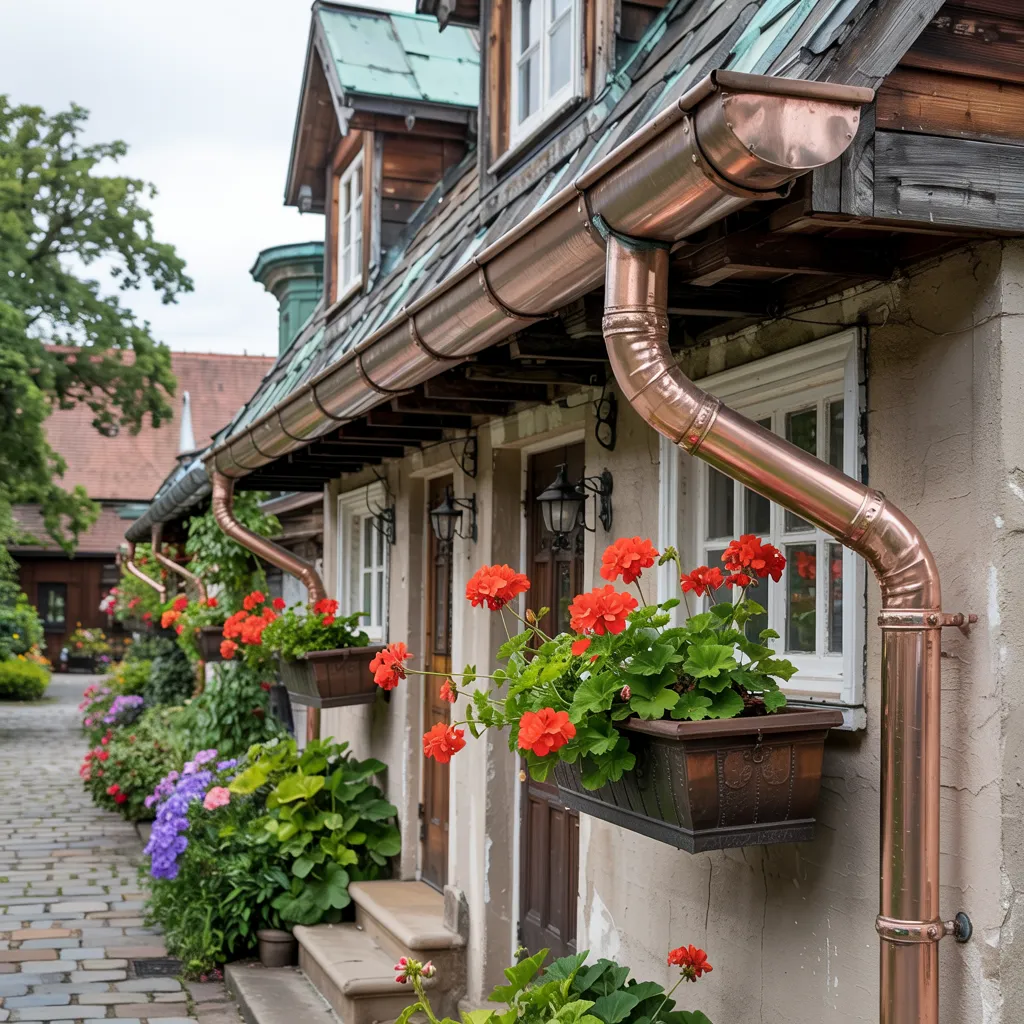Historic home with premium copper gutter installation and patina metal roof. This residential property features ornate copper downspouts and drainage system alongside decorative flower boxes, highlighting Your Neighbor's Contractor's craftsmanship in specialty roofing and gutter services for distinctive homes in Sussex County.