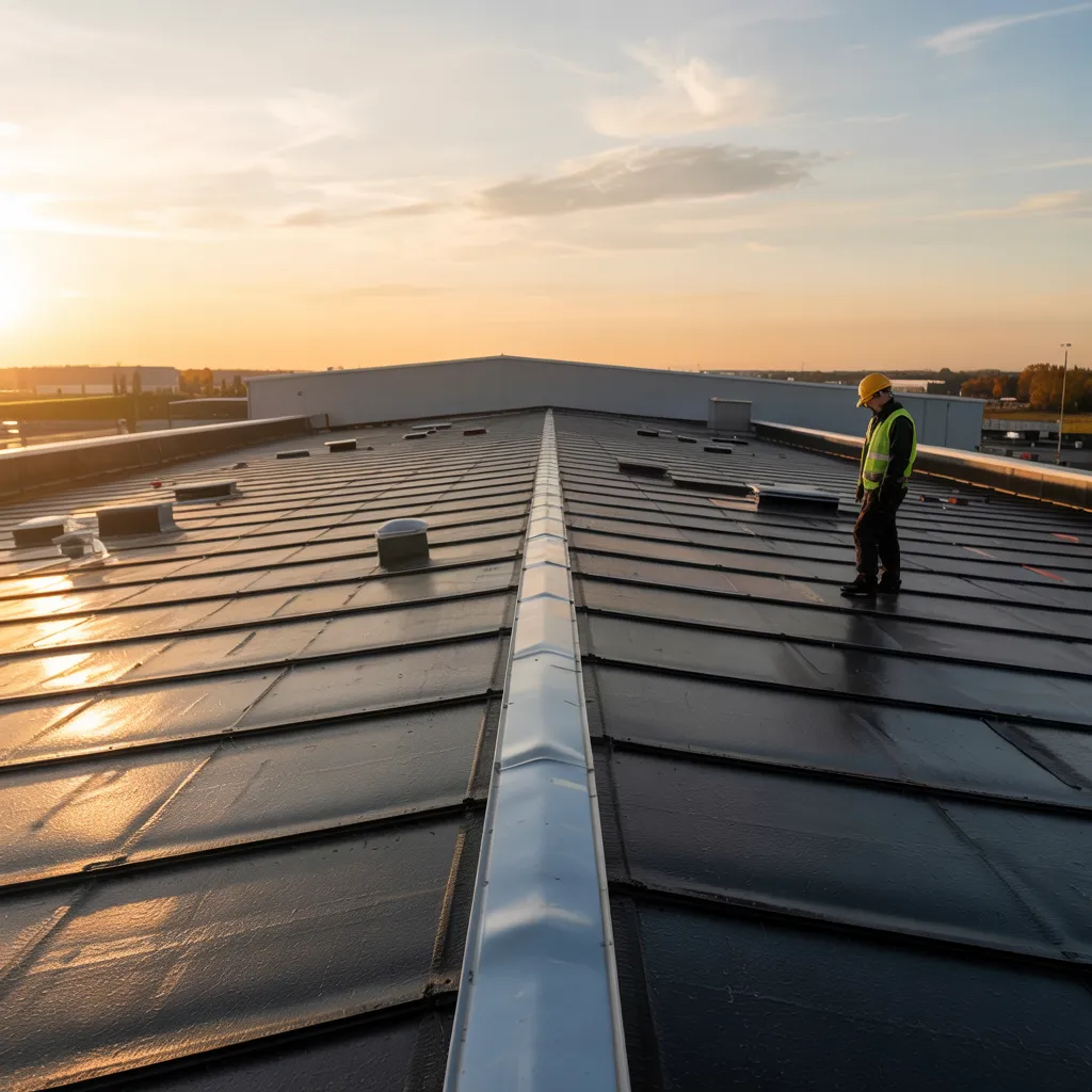 Professional commercial roof inspection on a large metal roofing system during sunset. A qualified roofing contractor in safety gear examines the standing seam metal roof of a commercial building, demonstrating Your Neighbor's Contractor's expertise in commercial roof replacement and maintenance services in Delaware.