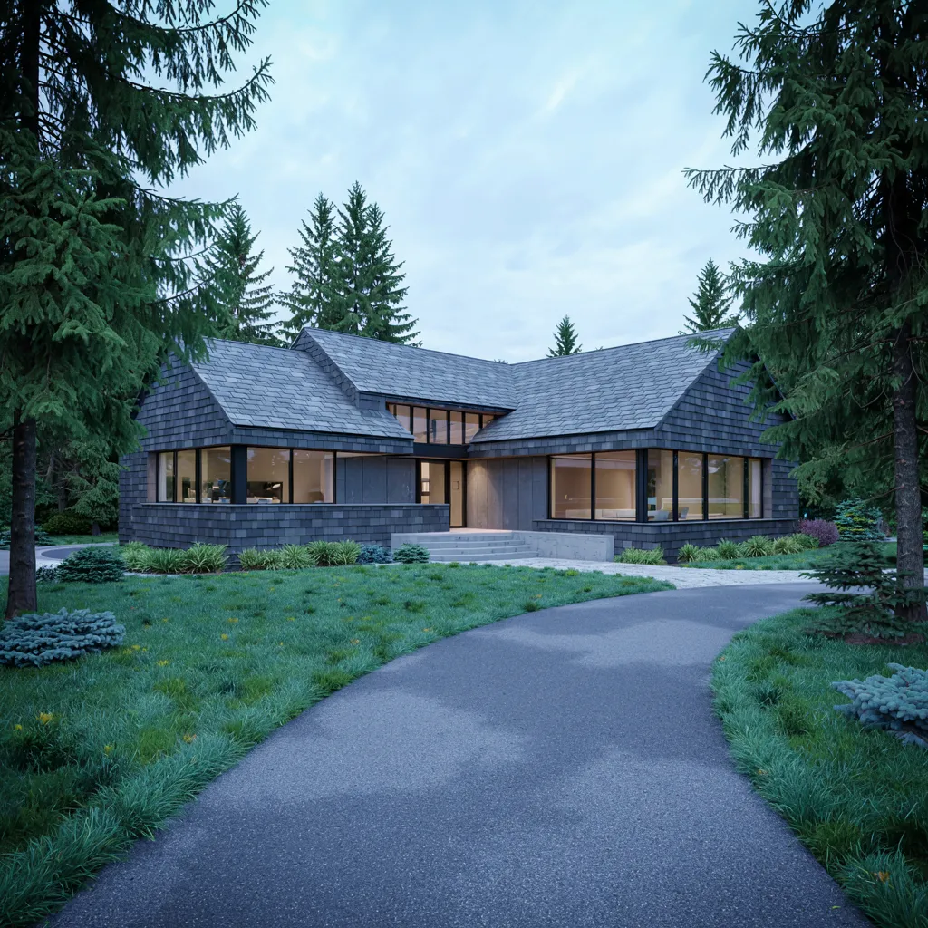 Modern luxury home with premium slate shingle roof installation in a wooded setting. This contemporary residential property features high-quality roofing materials with multiple angles and valleys, showcasing Your Neighbor's Contractor's expert craftsmanship in premium roof installations in Sussex County, Delaware.