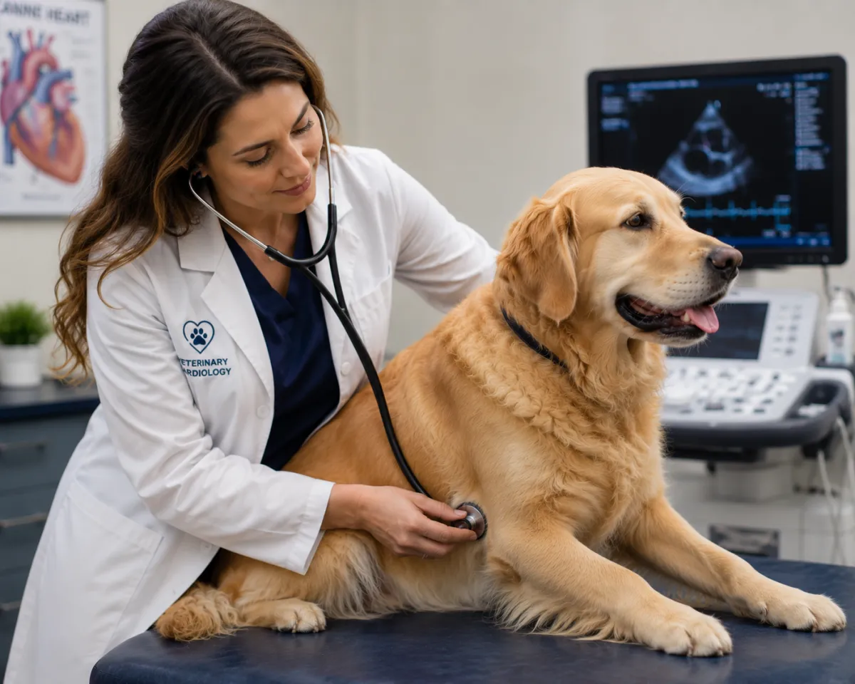 Female veterinary cardiologist listening to a Golden Retriever’s heart with a stethoscope during a cardiac examination in a veterinary clinic. An echocardiography machine and ultrasound monitor are visible in the background, highlighting a veterinary cardiology evaluation.