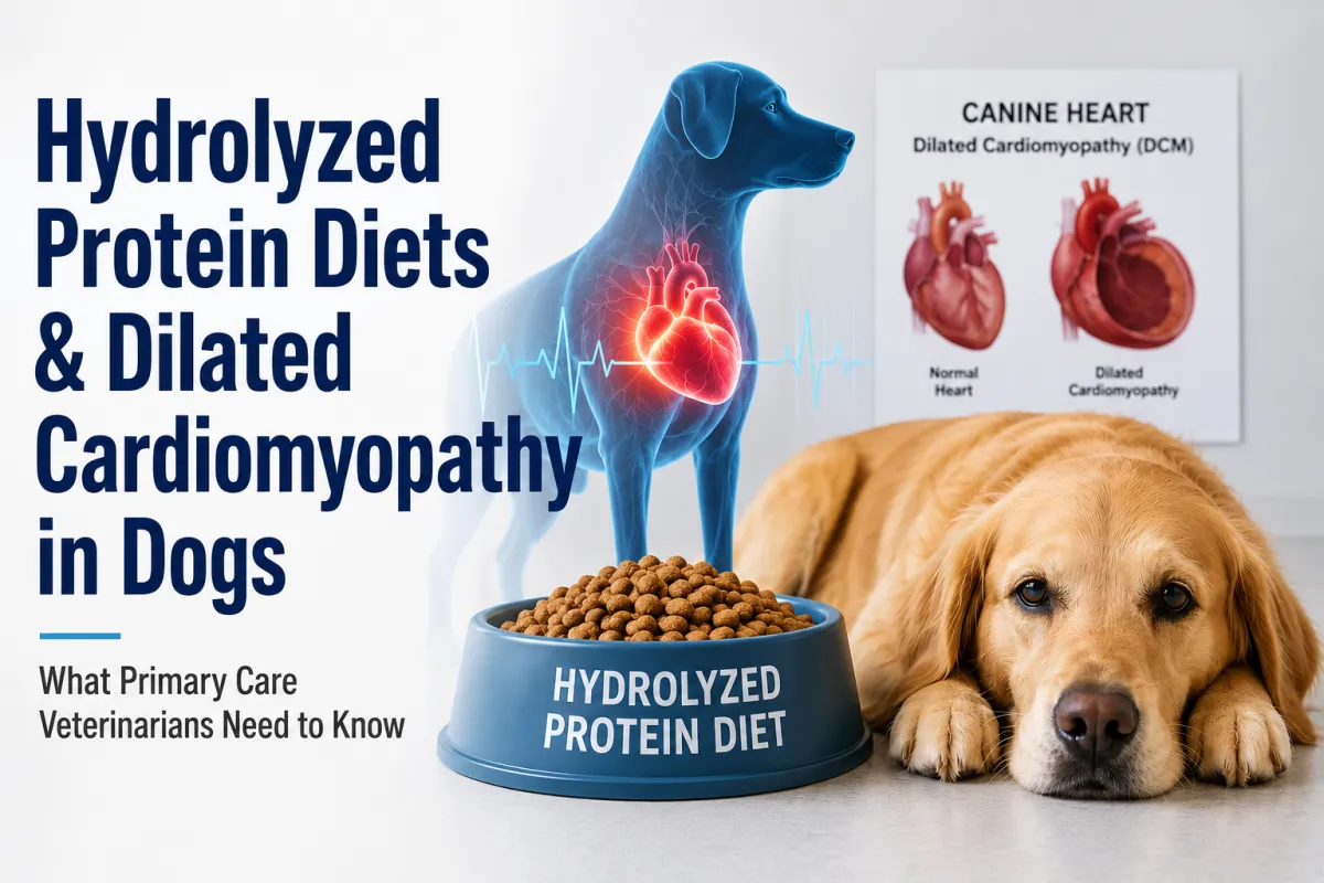 Golden Retriever beside a bowl of hydrolyzed dog food with a heart illustration representing new research on hydrolyzed protein diets and dilated cardiomyopathy (DCM) in dogs.