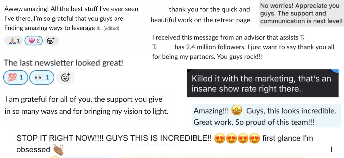 Client feedback and reviews for The Brand LAB by Melissa Dlugolecki - clients praise the team's marketing execution, newsletter quality, retreat page design, communication, and support in bringing their vision to life