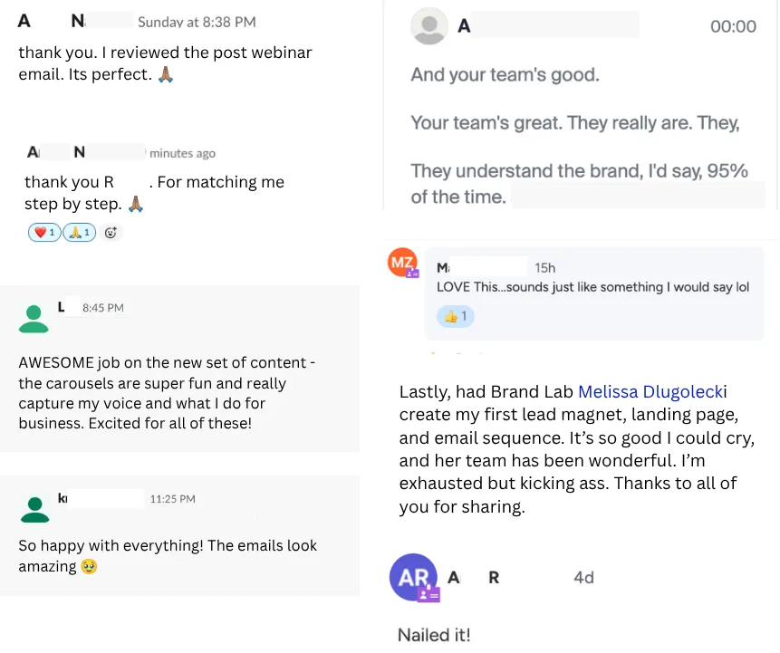 Screenshots of real client messages from Slack, email, and text praising the brand LAB.'s work, including "Nailed it!", "sounds just like something I would say," "Its perfect," "the emails look amazing," and "really capture my voice and what I do for business."