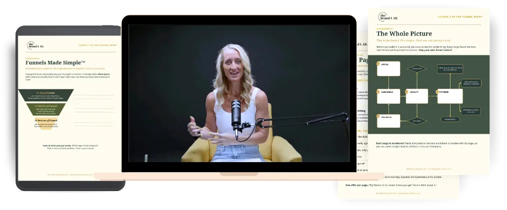 The Funnel Path funnel course shown on a tablet and laptop with a funnel map worksheet