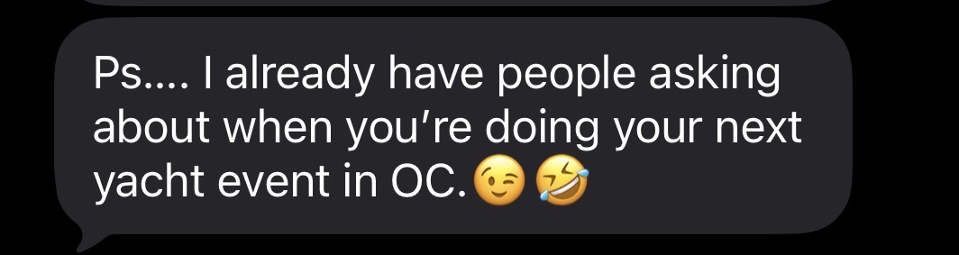 Client message asking when the next Melissa Dlugolecki yacht event in OC is happening