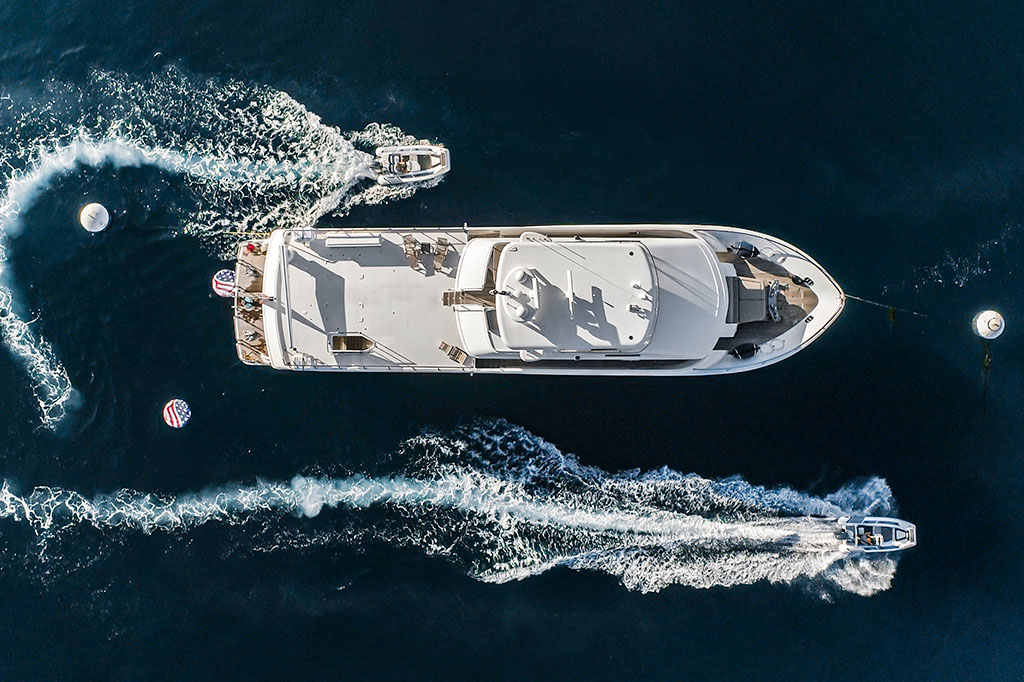 Interior lounge of Wicked Cool, the 92-foot yacht hosting twelve women in Newport Beach