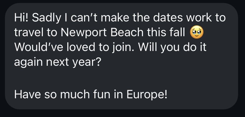 Text asking if Melissa Dlugolecki will host her Newport Beach yacht funnel training again next year