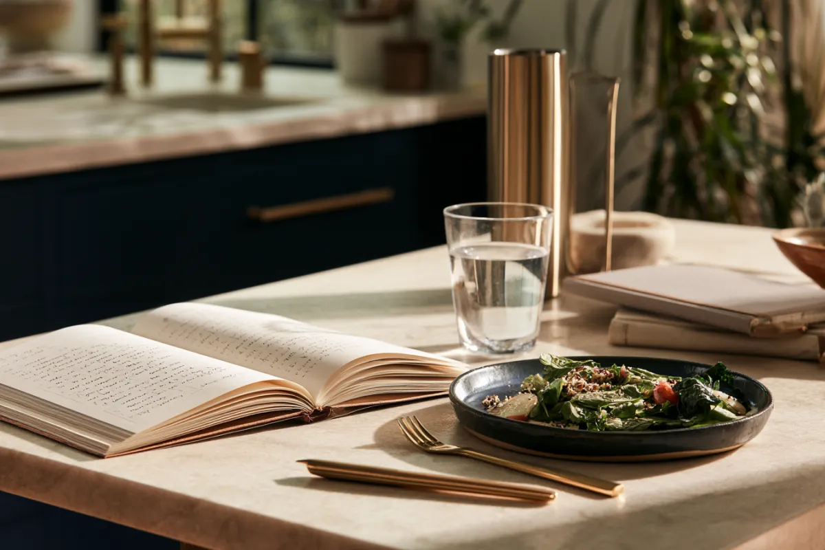 Open nutrition book beside a balanced meal and glass of water on a sunlit kitchen table