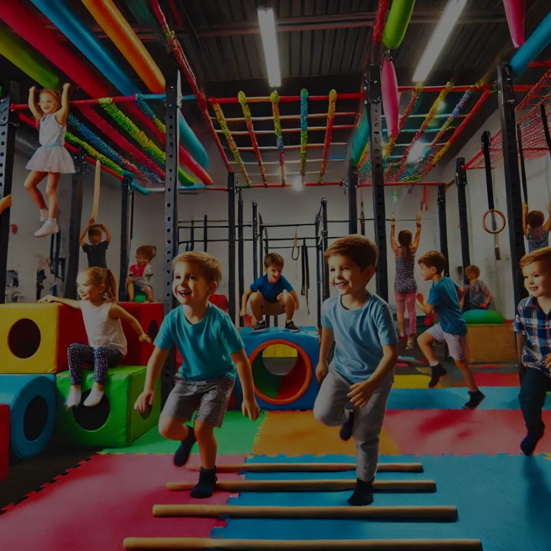 Kids enjoying a Ninja Warrior obstacle course birthday party at City Fit Shop in Edmonton.