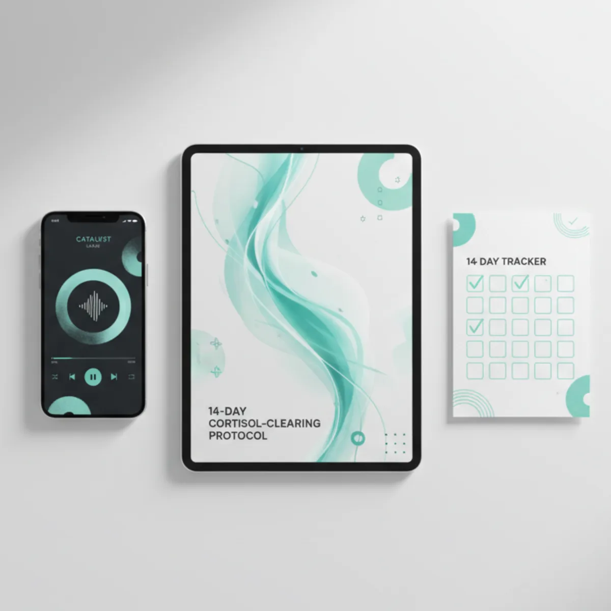 3D mockup of the Catalyst Labs 14-Day Protocol digital bundle including guide, phone audio, and printed tracker